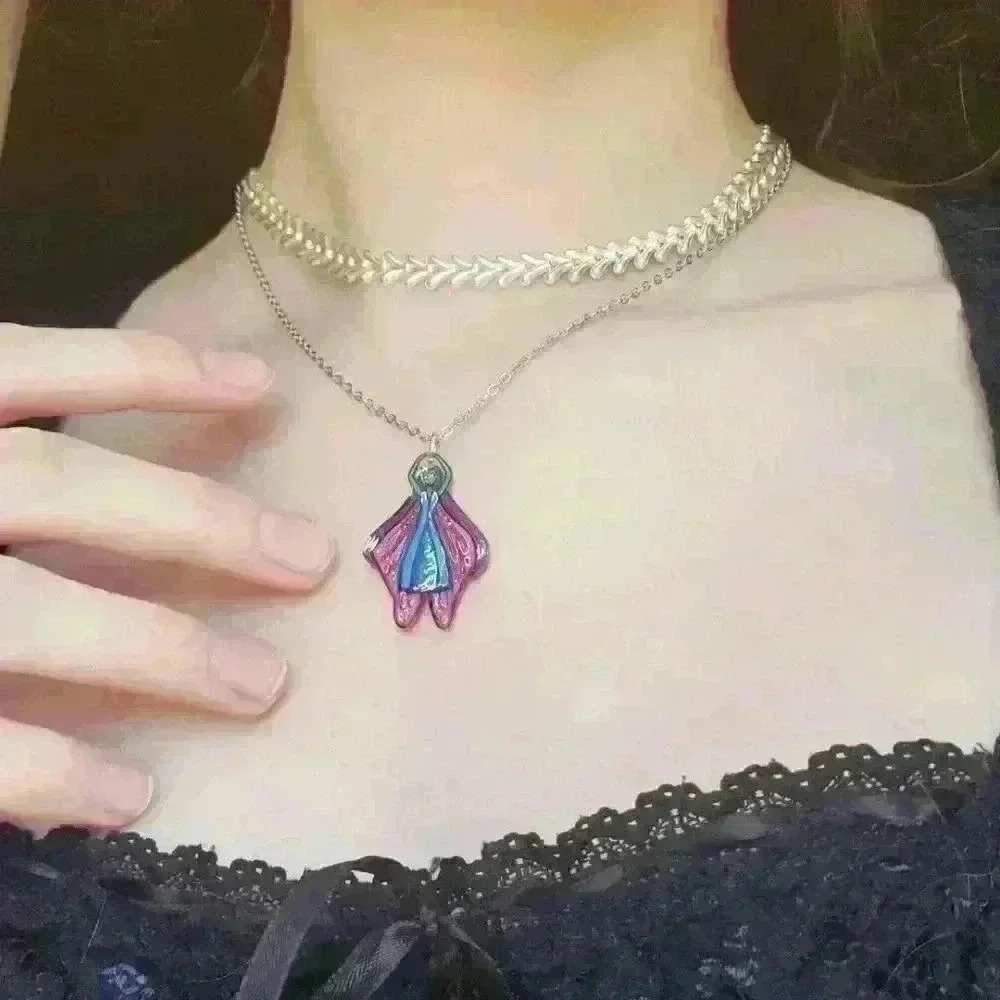 Pink butterfly fairy handmade unique fairycore holographic pendant necklace - Picture 2 of 11